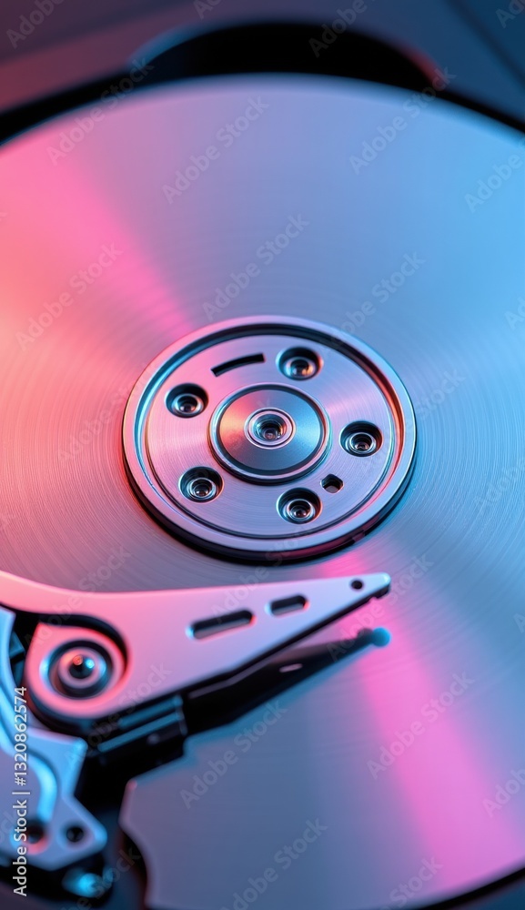 Close-Up of Hard Drive Mechanism with Reflective Surface and Lights Close-Up of Hard Drive Mechanism with Reflective Surface and Lights
