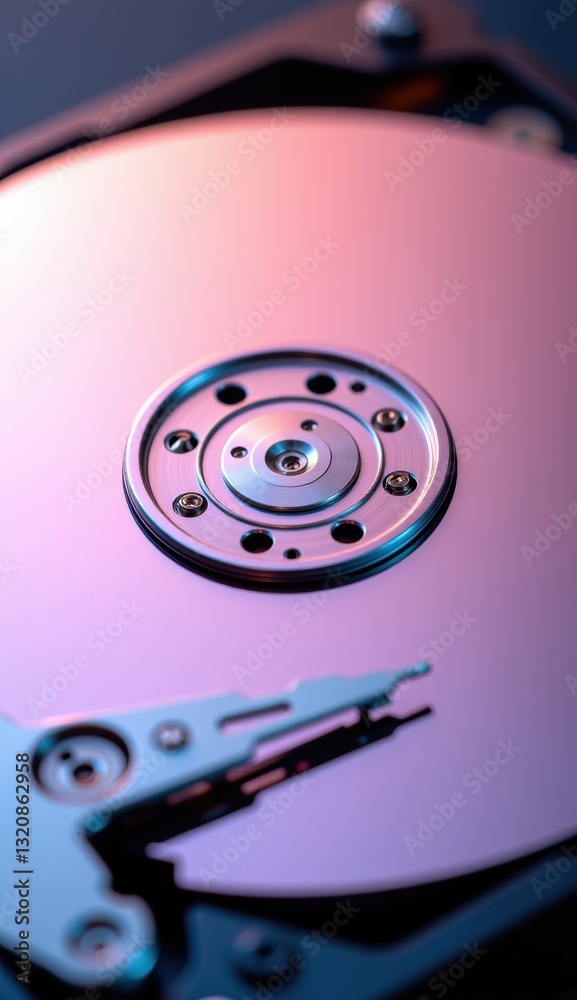 Close-Up of Hard Drive Mechanism with Reflective Surface and Lights Close-Up of Hard Drive Mechanism with Reflective Surface and Lights
