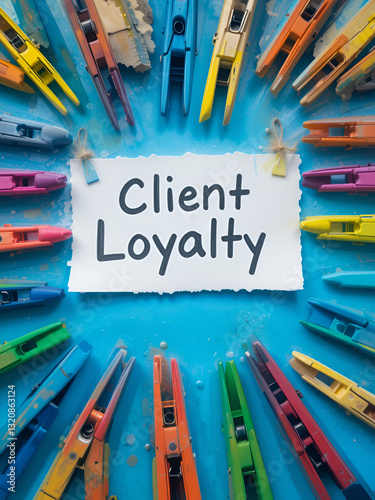 Conceptual hand writing showing Client Loyalty. Concept meaning The result of consistently positive satisfaction to clients Colored clothespin rectangle shaped paper blue background