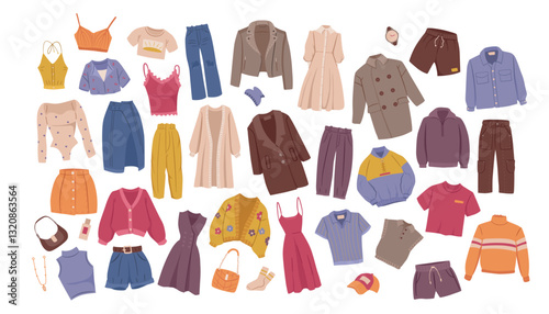 A diverse set of fashionable clothe items including jackets, dresses, skirts, and accessories in a flat style on a white background. Vector illustration