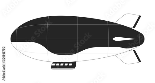 Vintage airship 2D line object. Sky adventure. Air travel. Steampunk theme. Aviation flight dirigible retro. Floating blimp isolated clipart vector ink outline item. Monochrome spot illustration