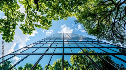 ESG sustainability is incorporated into the urban environment through the concept of corporate glass buildings surrounded by green trees, representing a sustainable corporate approach