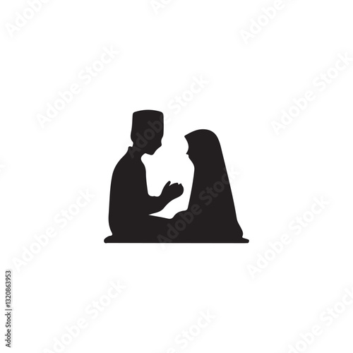 Muslim Couple in Prayer Silhouette.A simple silhouette of a man and a woman, likely Muslim, in prayer or supplication.