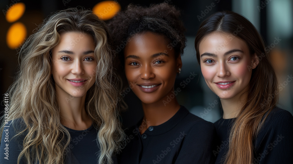 Obraz premium Diverse Multiracial Team in Office, Smiling Confident Individuals, Symbolizing Positivity and Unity