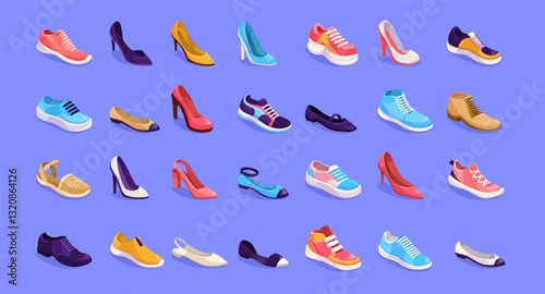 Set of colorful shoes including sneakers, high heels, sandals, and loafers arranged on a blue background. Fashion and footwear collection. Vector illustration