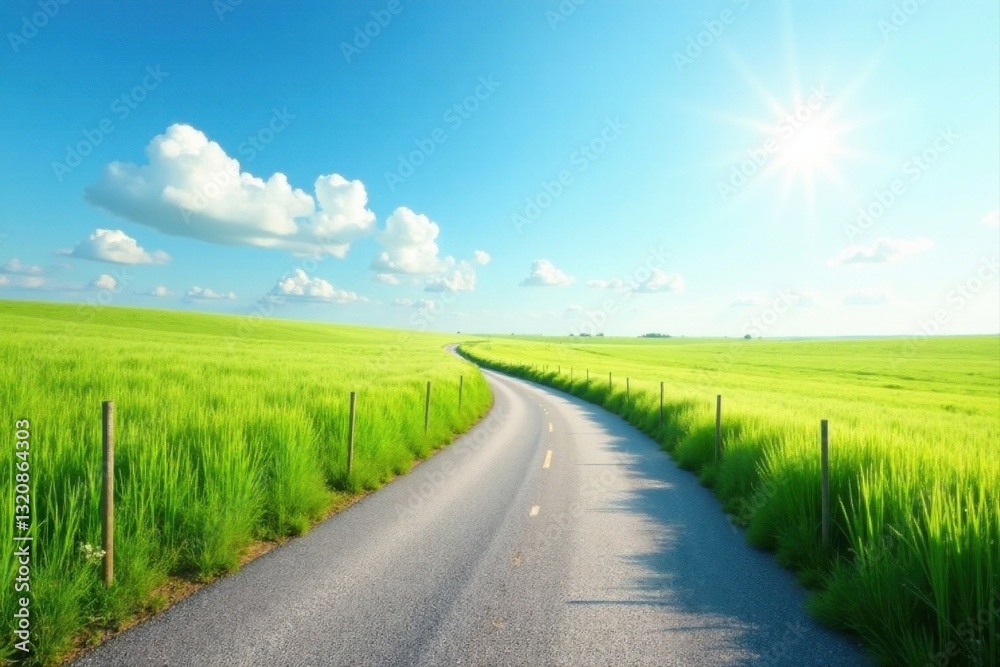 Fototapeta premium Asphalt road curving through vibrant green fields under a bright sunny sky, a picturesque summer landscape offering a sense of freedom and endless journey possibilities
