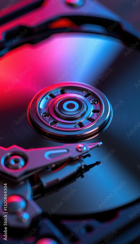 Close-Up of Hard Drive Mechanism with Reflective Surface and Lights Close-Up of Hard Drive Mechanism with Reflective Surface and Lights