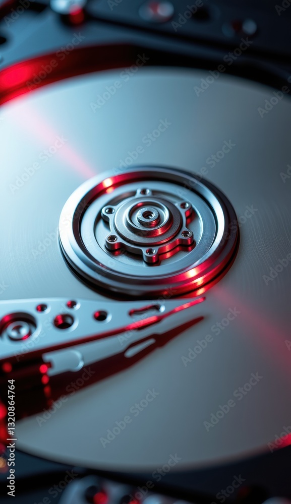 Close-Up of Hard Drive Mechanism with Reflective Surface and Lights Close-Up of Hard Drive Mechanism with Reflective Surface and Lights