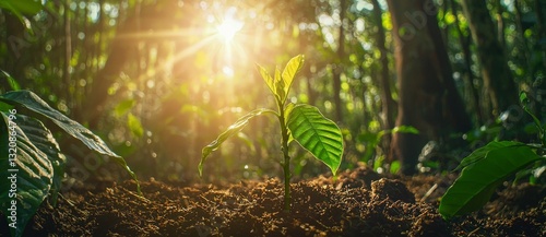 The growth of a young coffee plant in soil is set against a blurred forest background