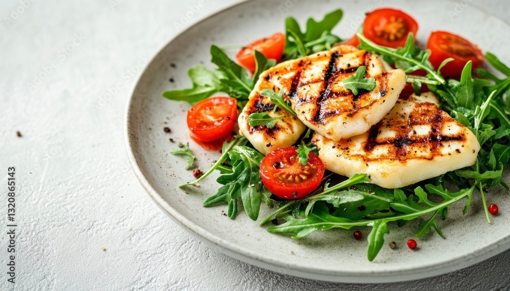 Grilled Halloumi Cheese with Arugula Salad and Tomatoes on Plate Grilled Halloumi Cheese with Arugula Salad and Tomatoes on Plate