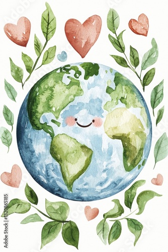 A cute globe illustration set against a beautiful earth watercolor background is appealing