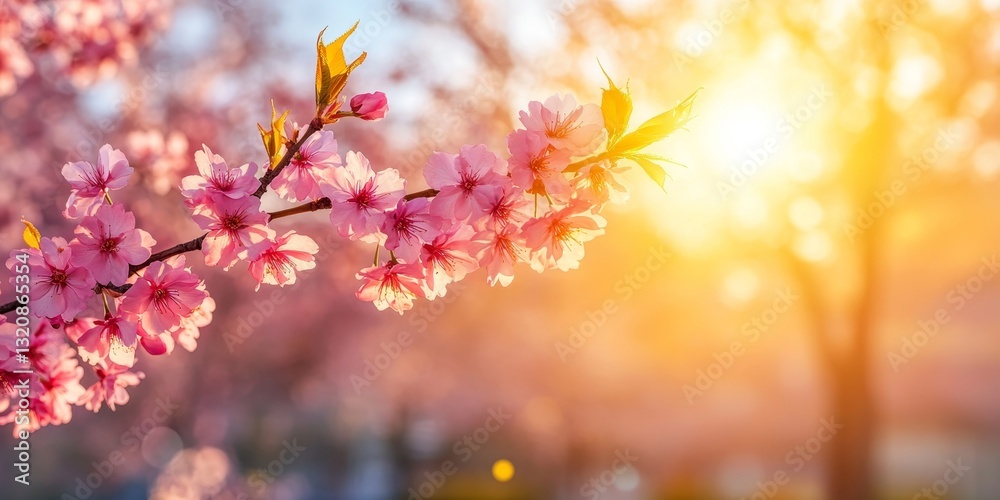 Blooming Cherry Blossoms on Branch Spring Floral Background with Sun Lens Flare and Bokeh