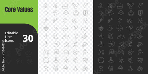 Core Values Line Editable Icons big large set vector illustration modern happiness, work, success, growth, loyality, beauty, leadership,  community, Pictograms and infographics for mobile apps