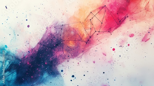 Cosmicinspired geometric web with watercolor splatter textures, artistic and mesmerizing photo