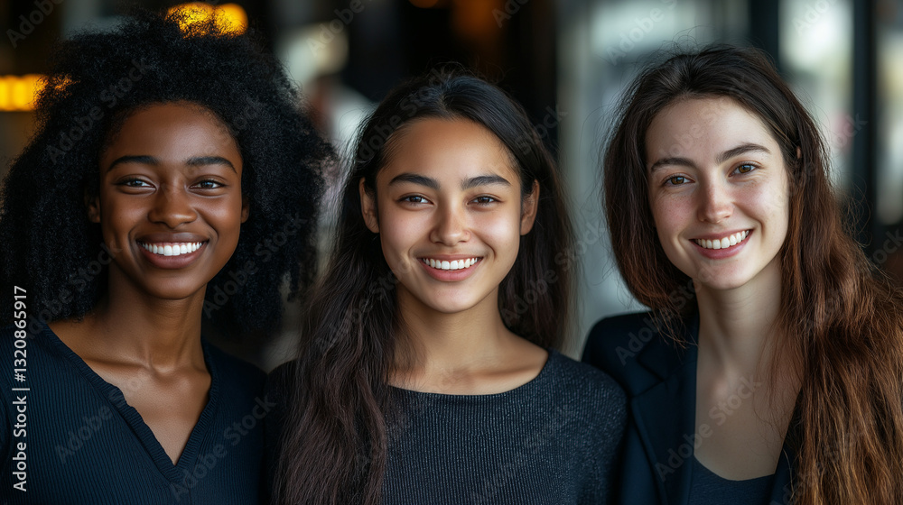 Obraz premium Diverse Multiracial Team in Office, Smiling Confident Individuals, Symbolizing Positivity and Unity