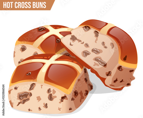 Stacked Hot Cross Buns Isolated Graphic. English Baked Festive Treat Vector Art