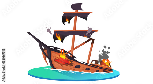 A burning wooden ship sinking in the ocean with smoke and fire, damaged sails, and a broken structure. Concept of shipwreck and disaster. Vector illustration