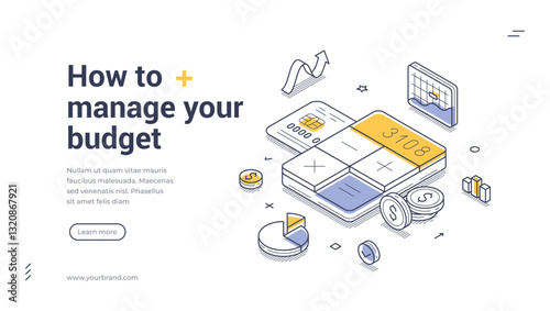 Budget management with this isometric web banner template. It offers visual tools, such as charts and calculators, aiding in financial organization. Vector illustration