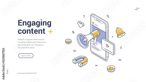 Web banner template features an isometric design focused on engaging content. A smartphone is highlighted, displaying a loudspeaker and various attention-grabbing icons. Vector illustration