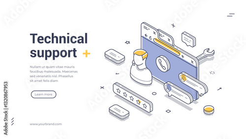 Web banner template showcases a technical support theme with isometric illustrations. It features a computer display, tools, and design elements to convey assistance in a digital environment.