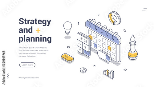Vector illustration features an isometric design showcasing elements of strategy and planning, including a calendar, light bulb, calculator, and chess piece, ideal for business-related topics.