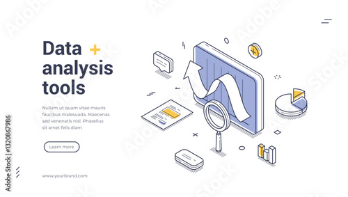 Web banner template featuring isometric illustrations that showcase various data analysis tools. Perfect for presenting your analytical resources effectively. Vector illustration