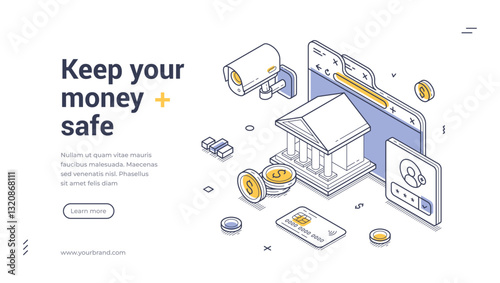 Web banner template illustrates the importance of keeping your money safe. It features isometric designs of a bank, security cameras, and digital devices to convey financial protection.