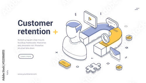 Web banner template designed for customer retention showcases an isometric illustration featuring a person with various digital elements. Modern vector illustration