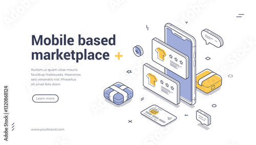Web banner showcases a mobile based marketplace featuring isometric design elements. It highlights products, user reviews, and a call to action for deeper engagement, perfect for promoting ecommerce.