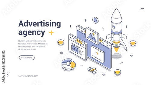 Web banner template showcases an advertising agency theme with isometric illustrations. It features a rocket, web pages, and design elements that promote digital creativity and innovation.