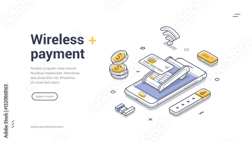 Modern wireless payment systems enhance convenience with quick transactions using smartphones. Web template showcases isometric design elements and features essential financial symbols for users