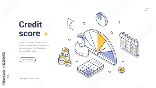 Web banner template illustrates essential aspects of credit scoring. It features a credit score gauge, financial icons, and tools to empower users in managing their finances effectively.