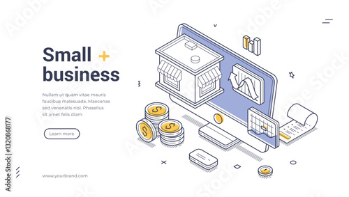 Web banner template features isometric design elements to showcase small business solutions.