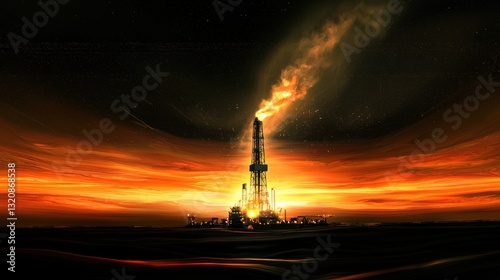 Industrial oil rig silhouetted against a dramatic sunset with vibrant orange hues and wisps of smoke rising into a darkening sky