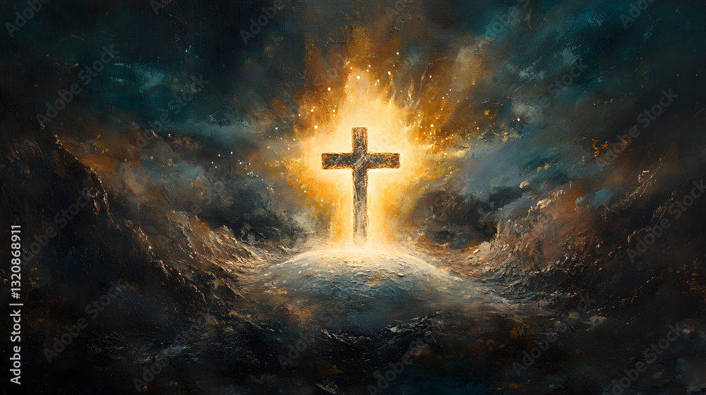 Fototapeta premium A vivid portrayal of the resurrection of Jesus, with a glowing cross emerging from an empty tomb and light from heaven filling the sky, symbolizing divine victory over death and eternal hope for all w