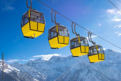 Fotografie Yellow cable cars against a backdrop of snow-covered mountains and clear blue sky