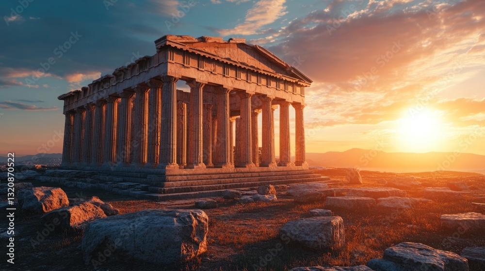 Ancient Greek Temple Standing at Sunset with Stone and Rocks