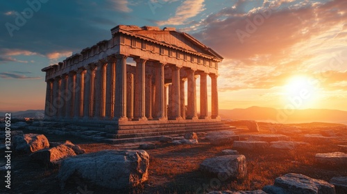 Obraz na płótnie Ancient Greek Temple Standing at Sunset with Stone and Rocks w salonie