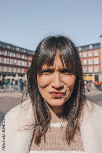 Obraz na płótnie Brunette woman making funny face in plaza mayor, madrid w salonie