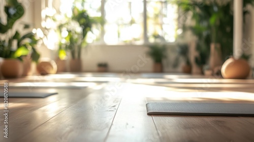 Serene Yoga Studio Sunlight Interior Mats Plants Wooden Floor