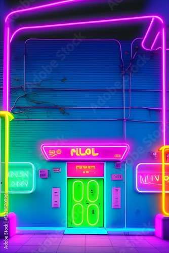 neon lights on wall with green door and purple light on floor