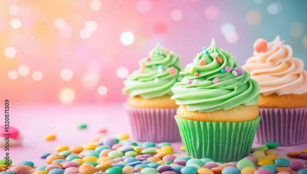 St. Patrick’s Day background with a rainbow candy spread and green frosting cupcakes on a bright pastel backdrop creating a whimsical and festive holiday ambiance St. Patrick’s Day background with a rainbow candy spread and green frosting cupcakes on a bright pastel backdrop creating a whimsical and festive holiday ambiance