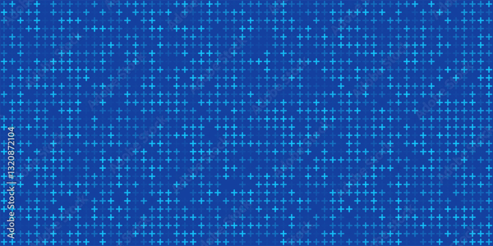 Medical blue background. Healthcare blue pattern with glowing plus signs. Seamless abstract futuristic digital backdrop with pixelated geometric elements. Modern technology vector illustration.