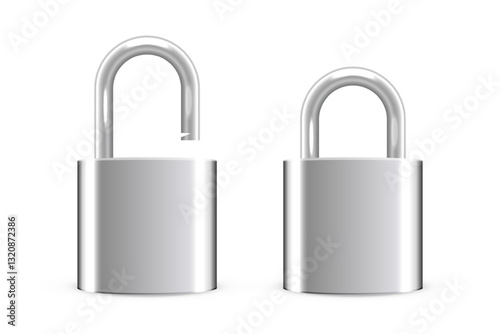 Metallic locks set. Silver closed and open padlocks isolated on transparent background. Safety and security concept. House protection. Game icons. Realistic vector illustrations.