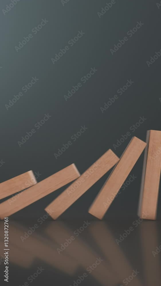 close-up view of falling domino wooden blocks on reflective background, copy space (3d render)