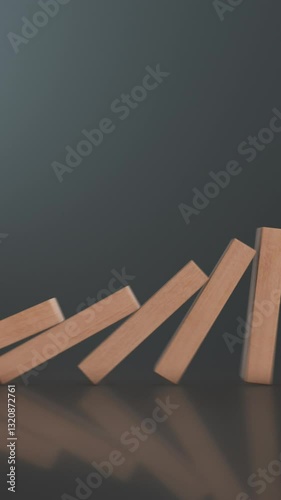 close-up view of falling domino wooden blocks on reflective background, copy space (3d render)