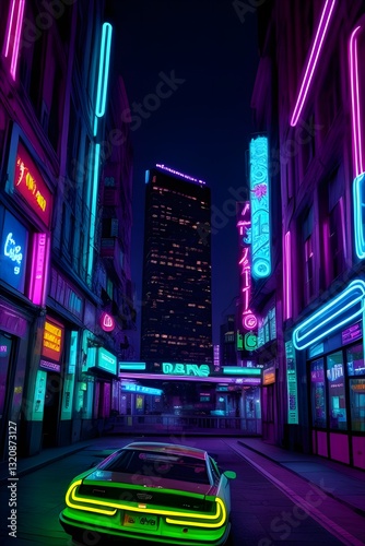 race car in city at night with neon lights