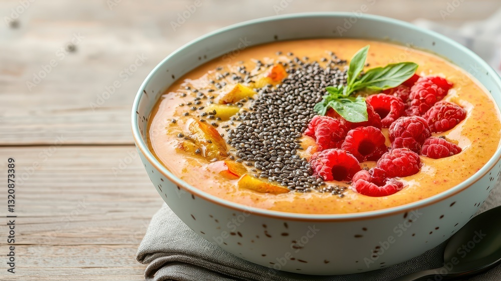Vibrant and Nutrient Dense Smoothie Bowl Filled with Antioxidant Rich Berries Omega 3 Chia Seeds and Crunchy Granola on a Rustic Wooden Table Surface Vibrant and Nutrient Dense Smoothie Bowl Filled with Antioxidant Rich Berries Omega 3 Chia Seeds and Crunchy Granola on a Rustic Wooden Table Surface
