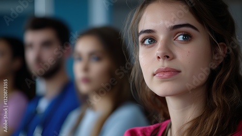 A young woman with long hair and blue eyes attentively listens in a group setting, conveying focus and engagement.