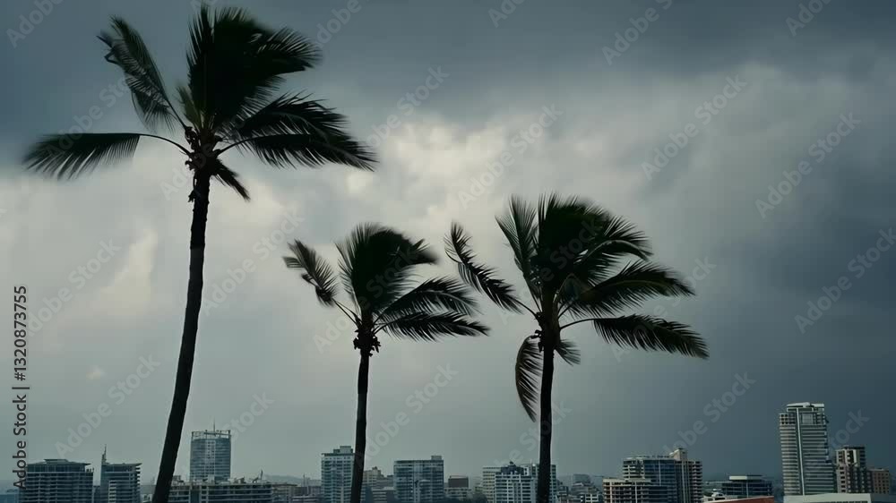 Stormy Wind Blowing Through Palm Trees with Buildings in the Background on a Cloudy Day